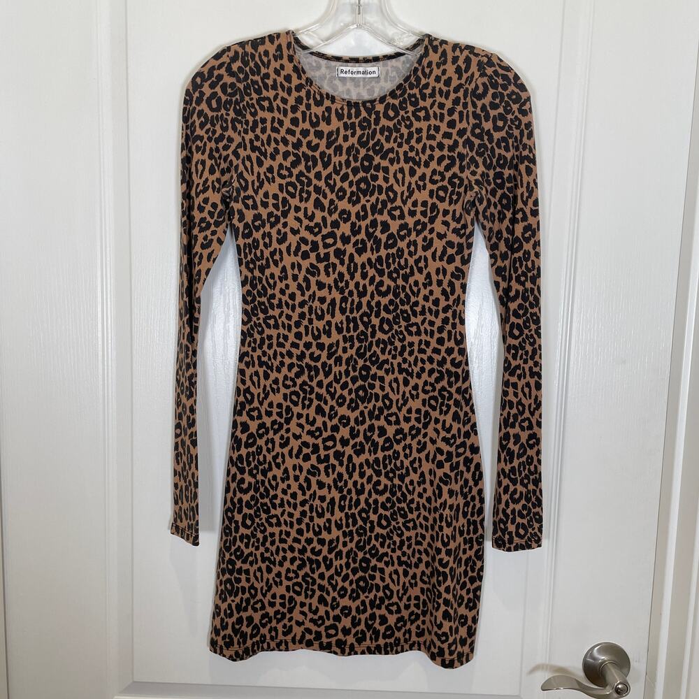 Reformation Smith Dress Leopard Print Bodycon Mini Long Sleeve Black Tan XS - Picture 3 of 7